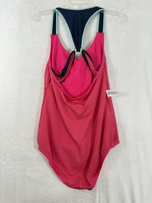Lands End Swimsuit 14 One Piece Racerback Pink Blue V-Neck Swim Suit Womens