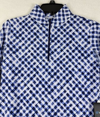 IBKUL Womens Long Sleeve Top Small 1/4 Zip Mock Neck Blue Gingham Check Golf