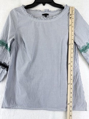 Talbots Top XS Blouse Blue White Striped Puff 3/4 Sleeve 100% Cotton Womens