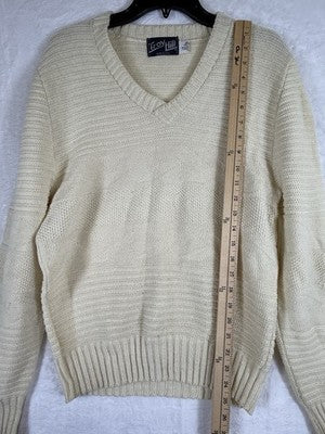 Vintage Ski Sweater Mens Large Made In USA 80s 90s V Neck Ivory Hipster