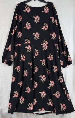 Old Navy Dress 1X Knit Black Floral Long Sleeve Midi Soft Fit Flare Plus Size