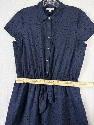 J Crew Shirt Dress Medium Eyelet Navy Blue Short Sleeve Womens 100% Cotton