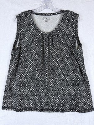 LL Bean Tops Women XL Petite Sleeveless Knit Tee Black Ivory Print Tencel