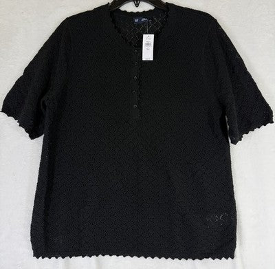 Gap Tops For Women Large Tall Linen Pointelle Henley Short Sleeve Black New NWT