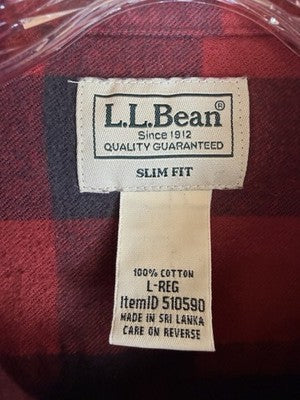 LL Bean Scotch Plaid Flannel Shirt Mens Large Slim Fit Red Plaid Button Down