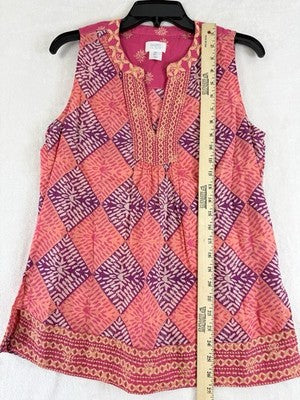 Sigrid Olsen Top Small Tunic Embroidered 100% Cotton Sleeveless Pink Boho Womens