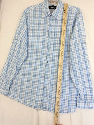 Orvis Button Down Shirt Medium Blue Plaid Long Sleeve Fishing Hiking