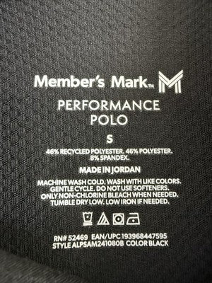 Members Mark Performance Polo Mens Small Black Short Sleeve Shirt