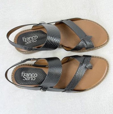Franco Sarto Sandals 8.5 Womens Black Silver Gans Flat Faux Snakeskin