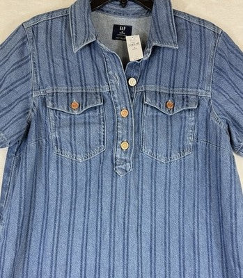 Gap Denim Mini Dress Medium Petite MP Blue Short Sleeve Boho Striped New NWT