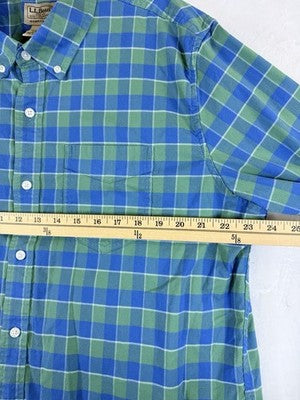 LL Bean Shirt Large Blue Plaid Comfort Stretch Oxford Long Sleeve Button Down