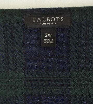 Talbots Top 2XP 3/4 Sleeve Blue Green Plaid 2X Petite Womens Plus Size Metallic