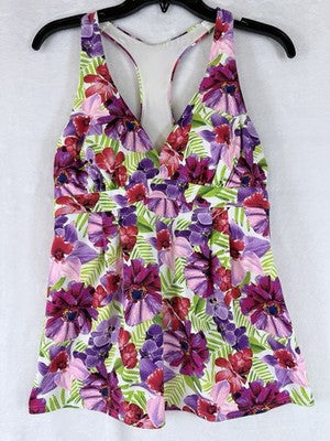Lands End Tankini Top 8 Flutter Pink Floral Print Swim Swimsuit Womens
