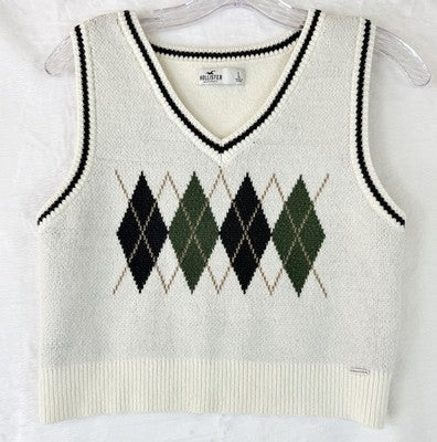 Hollister Cropped Sweater Vest Womens Large V Neck Argyle White Blue