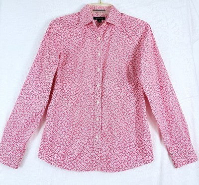 Lands End Shirt 4 Women No Iron Pintuck Oxford Button Up Long Sleeve Pink Floral