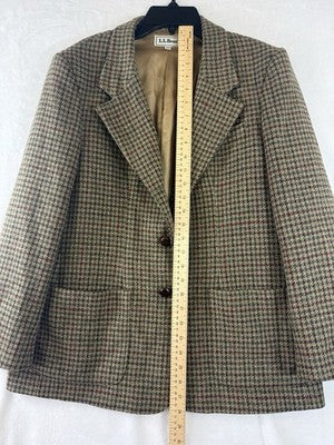 Vintage LL Bean Womens Jacket 12 Petite Brown Houndstooth Wool Blazer 80s 90s