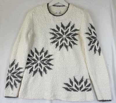 J Jill Sweater XS Snowflake Instarsia Ivory Gray Crew Neck Womens Tops