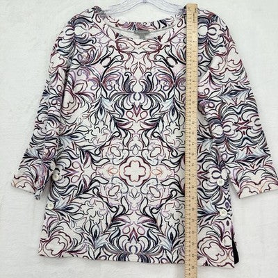 T By Talbots Top 3/4 Sleeve XS Petite Womens Button Hem Purple Print Knit