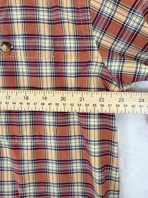 Orvis Mens Large Plaid Button Down Shirt Long Sleeve Orange Red Tan 100% Cotton