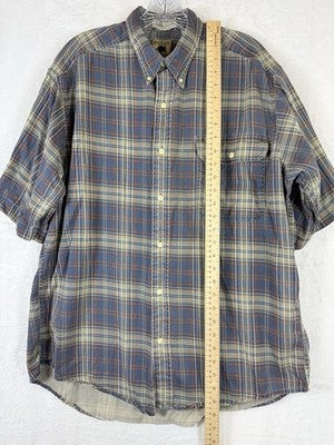 Madison Trader Shirt Large Mens Washed Cottons Blue Plaid Short Sleeve Button Up
