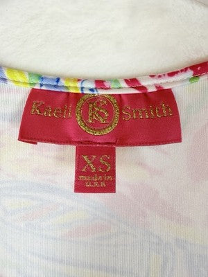 Kaeli Smith Dress XS Fit And Flare Pink Blue Yellow Print 3/4 Sleeve Womens