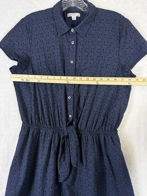 J Crew Shirt Dress Medium Eyelet Navy Blue Short Sleeve Womens 100% Cotton