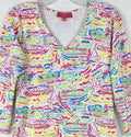 Kaeli Smith Dress XS Fit And Flare Pink Blue Yellow Print 3/4 Sleeve Womens