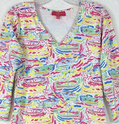 Kaeli Smith Dress XS Fit And Flare Pink Blue Yellow Print 3/4 Sleeve Womens
