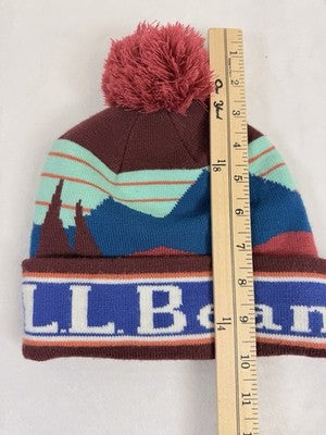 LL Bean Beanie Hat Knit Men Pom Outsider Mountain Scene Winter Burgundy