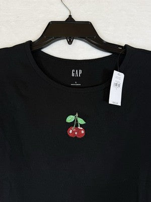 Gap Cropped Tee Large Black Cherries Embroidered Women Top Short Sleeve New NWT