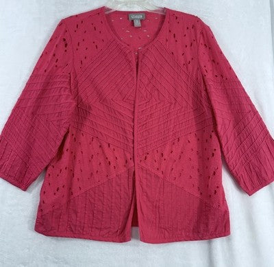 Chicos Size 3 Jacket Pink Eyelet 100% Cotton XL Womens 3/4 Sleeve Lightweight