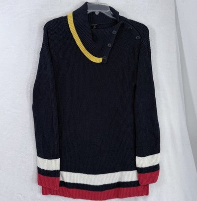 Talbots Medium Sweater Tipped Split Neck Shaker Knit Navy Blue Turtleneck Womens
