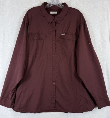 Columbia Shirt Women 3X Burgundy Long Sleeve Top Button Up Plus Size