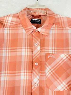 Simms Fishing Shirt Medium Outpost Long Sleeve Button Up Down Coral Plaid Mens