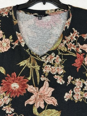 Well Worn Top XXL Womens Black Floral Knit Long Sleeve V Neck