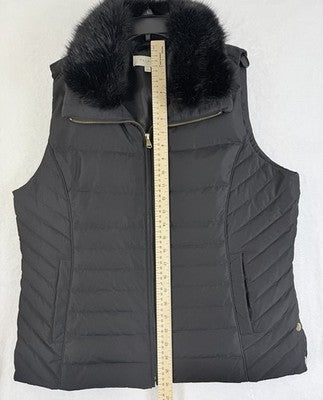 Talbots Down Puffer Vest Womens Large Black Faux Fur Collar Full Zip Quilted