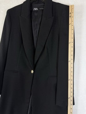 Zara Long Blazer Black Large Womens Jacket Longline Gold Button
