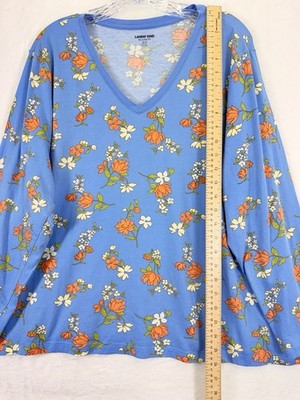 Lands End Relaxed Fit Cotton T Shirt 1X Petite Blue Floral Long Sleeve Knit Tee
