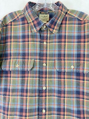 LL Bean Sunwashed Canvas Shirt Large Mens Long Sleeve Green Blue Plaid Button Up