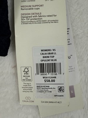 Calia Swim Top XS Longline Bikini Opulent Blue Navy U Bar Womens New NWT