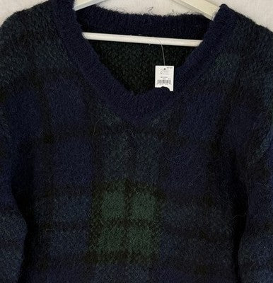 Gap Sweater Mens Medium Alpaca Wool Tartan Plaid Green Blue V Neck New