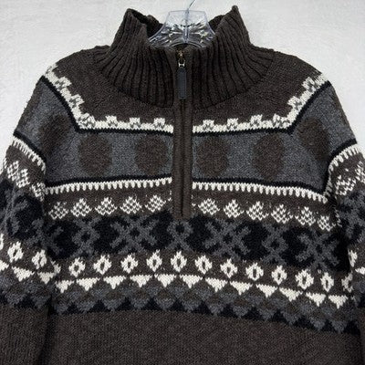 Garnet Hill Alpaca Wool Sweater Medium Fair Isle Brown Womens Tops 1/4 Zip