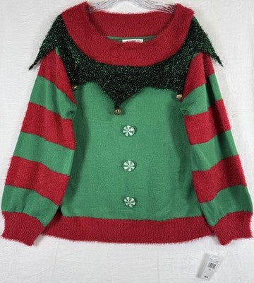 Ugly Christmas Sweater Womens XL Elf Bells Red Green Holiday 99 Jane Street New