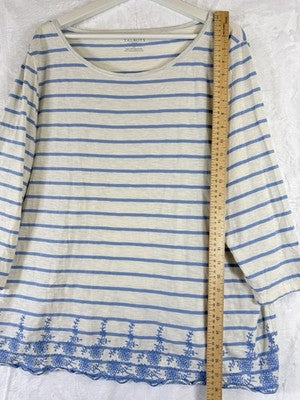 Talbots Top 3x 3/4 Sleeve Ivory Blue Striped Embroidered Plus Size Women Cotton