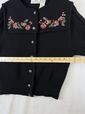 Carroll Reed Wool Cardigan Medium Black Embroidered Flowers Vintage