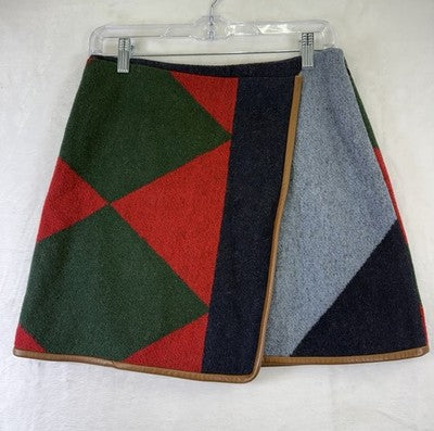 Tory Burch Cheval Wool Blend Plaid Wrap Mini Skirt 4 Geometric Leather Trim