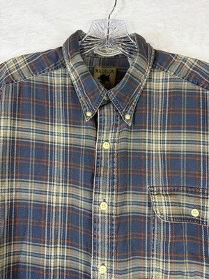 Madison Trader Shirt Large Mens Washed Cottons Blue Plaid Short Sleeve Button Up