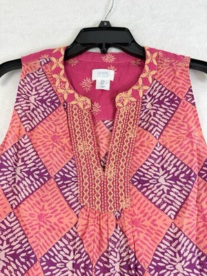 Sigrid Olsen Top Small Tunic Embroidered 100% Cotton Sleeveless Pink Boho Womens