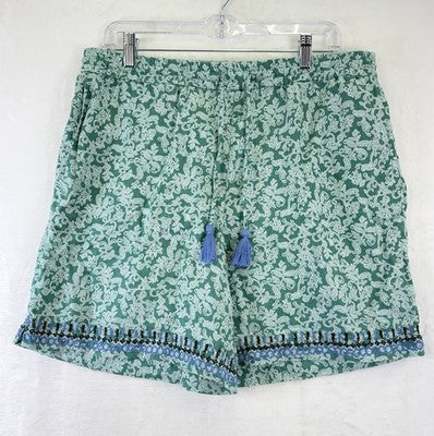 J Jill Love Linen Shorts Green Floral Pull On Womens