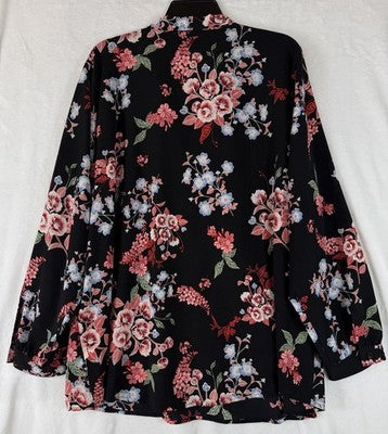 Lane Bryant Top 18 20 Long Sleeve Blouse Black Floral Neck Bow Womens